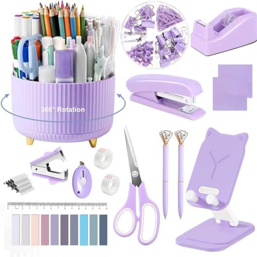 Office Supplies,Purple Desk Accessories,Desk Organizer,Phone Stand,Scissors,Stapler,Tape Dispenser,Binder clips,Staples,staple remover,Sticky Notes,Index Tabs,Clear Tape,Mini Box Cutter,Cool Pen.16pcs - color: 16 Pcs Set Purple, size: 16 pcs set