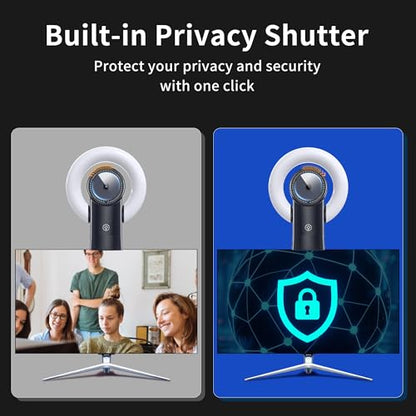 4K Webcam with Light, Web Cam with Speaker, Dual Noise Reduction Plug and Play, Web Camera for Desktop Computer, Auto-Focus, Privacy Protection, Webcam for PC Zoom Skype