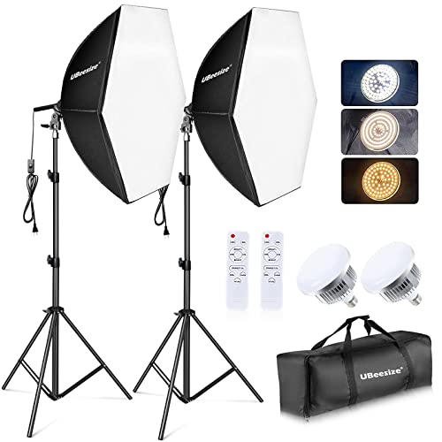 UBeesize Softbox Photography Lighting Kit, Continuous Lighting Kit with 30" x 30" Reflector and 3 Color Temperature 85W 3000K-7500K Bulb, Photo Studio Lighting for Video Recording, Portrait Shooting - style: Hexagon Softbox+Dimmable Bulb
