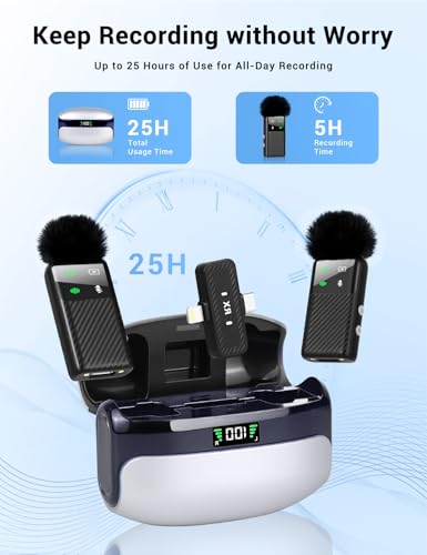 Wireless Mini Microphone for iPhone iPad Android Phone, Noise Reduction, 25H Battery Charging Case, Plug and Play Magnetic Clip on Lavalier Mics for Video Recording Podcast Vlogging