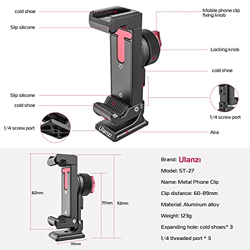 Metal Phone Tripod Mount 3 Cold Shoes & Arca Port, 360° Smartphone Tripod Adapter for iPhone 17 16 15 Cell Phone Stand Holder for Desktop Video Live Streaming Vlogging Rig