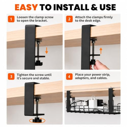 2 Pack Under Desk Cable Management Tray, No Drill Metal Cord Organizer with Clamp Mount, Wire Management Rack for Home Office PC Setup, Black