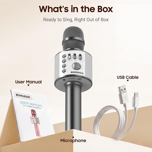 BONAOK Wireless Bluetooth Karaoke Microphone,3-in-1 Portable Handheld Karaoke Mic Speaker Machine Home Party Birthday for All Smartphones Q37 (Space Gray) - color: Space Gray