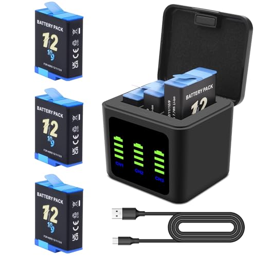 Hero 12 Battery Charger Compatible for Hero 12/11/10/9 Black,3-Pack 2000mah | with 3-Channel LED Charge Case, Type-C Charging Cord for Hero 12 11 10 9 Official Upgrade Accessories