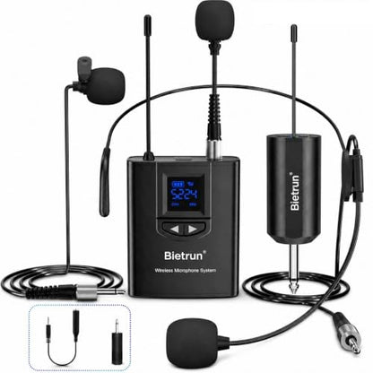 Bietrun UHF Wireless Lavalier Lapel Microphone System/Headset Mic/Stand Mic, 165ft Range, Rechargeable Transmitter Receiver, 1/4" Output, for iPhone,Android,PA Speaker,DSLR Camera,YouTube, Recording