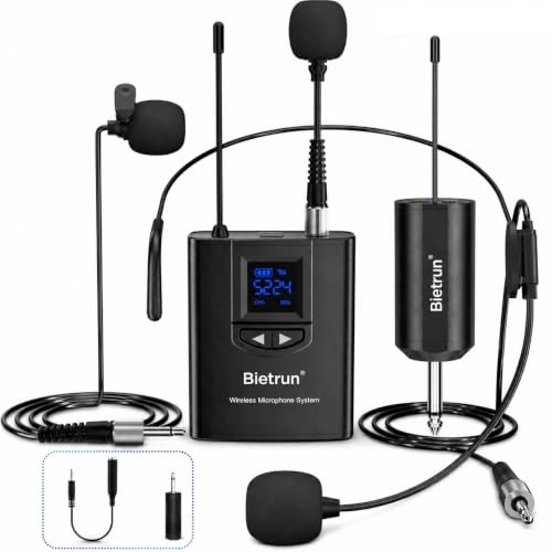 Bietrun UHF Wireless Lavalier Lapel Microphone System/Headset Mic/Stand Mic, 165ft Range, Rechargeable Transmitter Receiver, 1/4" Output, for iPhone,Android,PA Speaker,DSLR Camera,YouTube, Recording