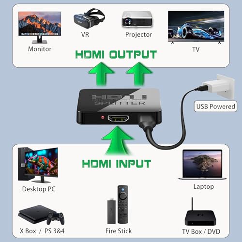 4K HDMI Splitter 1 in 2 Out Mirror Display Not Expand, Dual HDMI Splitter Hub to Dual Monitors Multi-Scree Displays Audio Synchronization, Compatible for MacBook Laptop Desktop PC Graphics Card TV