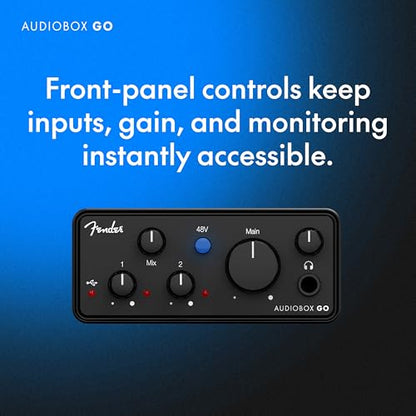Fender AudioBox GO USB Audio Interface, for Guitarist, Vocalist, or Producer. Includes easy to use software, Fender Studio app, Amp and FX pack to create Studio Quality recordings. PC/Mac | 6-Month Fender Studio Pro Trial, 1 Xlr Combo, 1 Hi-Z Input, Plus