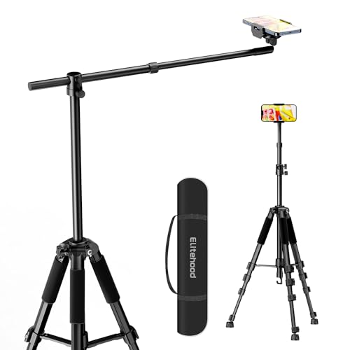 elitehood Phone Tripod for Overhead Video Recording – Updated Horizontal 59-inch Adjustable Tripod for iPhone with 25in Long Extendable Arm, 360° Rotation iPhone Stand Holder for Overhead Recording - size: 59in