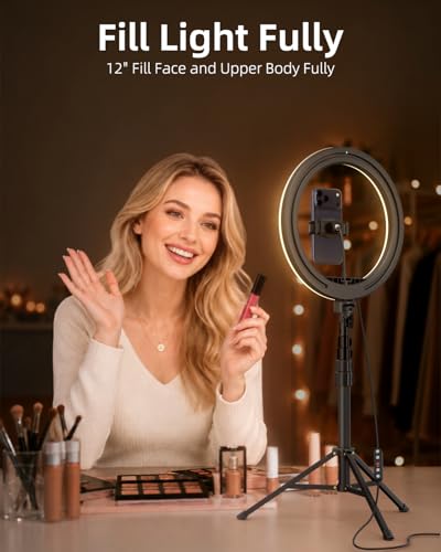 TODI 12" Ring Light with 63" extendable Tripod Stand, Selfie RingLight with Phone Holder and Selfie Remote, 2-in-1 Dimmable LED Ring Light for Makeup, Live Stream, Photography - color: Black