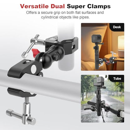 Double Super Clamp Camera Mount with Magic Arm, Aluminum Double Clamp Mount Umbrella Holder for Desk, Studio Light/Boom Stand, Photography Reflector, Cross Bars, Bike/Motor Handlebars (SY004)