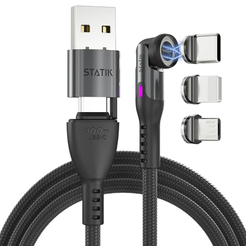 Statik 360 Pro Magnetic Charging Cable - Type C Charger Fast Charging 3 in 1 USB C to USB C Cable, Micro USB & iProduct Tips, USB A Adapter, Fits All Devices - 100W Fast Charger, Black 3FT/1M, 3 Pack - color: Black, size: 3FT (3 Pack)