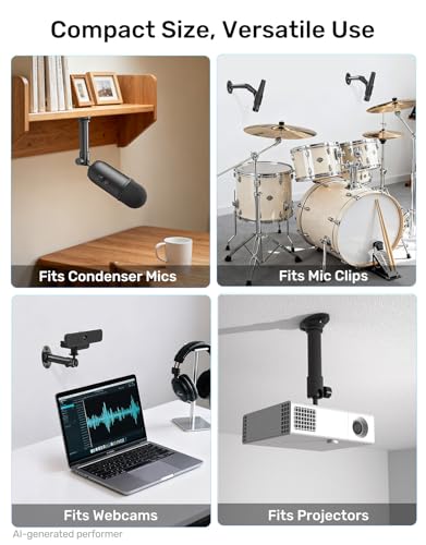 Mic Wall Mount Bracket with Ball Head - 180° & 360° Swivel, 5/8"-27 Microphone Flange Mount with 1/4" and 3/8" Screw Adapters, Easy Mounting of Mics, Web Cameras, Lights for Studio & Home Office
