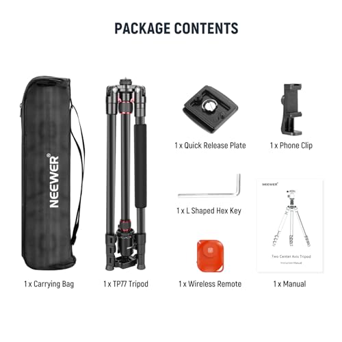 NEEWER 77” Camera Tripod Monopod with Phone Holder, Portable Travel Tripod with Remote, 360° Ball Head, 2 Axis Center Column, Arca QR Plate and Bag, Aluminum DSLR Tripod 34lb Max Load, TP77 - style: Travel Tripod with Remote