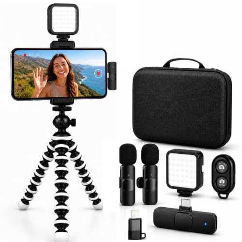 Acuvar Vlogging Kit for iPhone & Android with Wireless Microphone – Flexible Tripod Stand with LED Light, Phone Mount, Remote & Carry Case for TikTok, YouTube & Content Creators