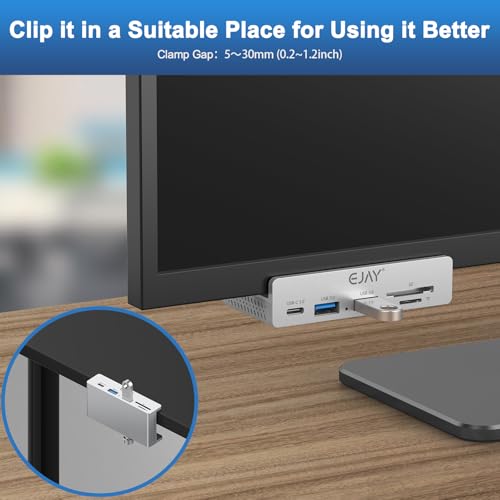 EJAY 5Ports USB3.0 HUB Alu Splitter Desktop Docking with Card Reader for Desk/Monitor Clipping with Extra Power Supply Port,59inches Data & 39inches Power Cable-5Gbps(Silver) - size: with SD Card Reader
