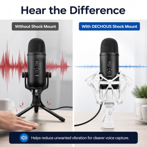DECHOUS Studio Condenser Microphone Shock Mount with 52mm White Metal Anti-vibration Holder for Desktop Recording and Broadcast Boom Mic Stand
