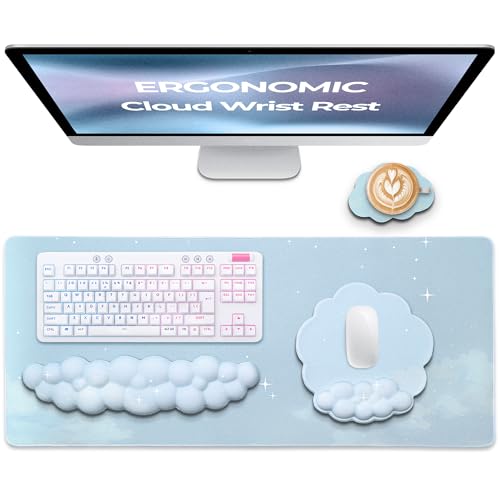 Premium Quality Cloud Wrist Rest Keyboard & Mouse Pad Set – Ergonomic Memory Foam Desk Accessories with Wrist Support for Office & Gaming – Baby-Blue-Sky - color: Baby-blue-sky
