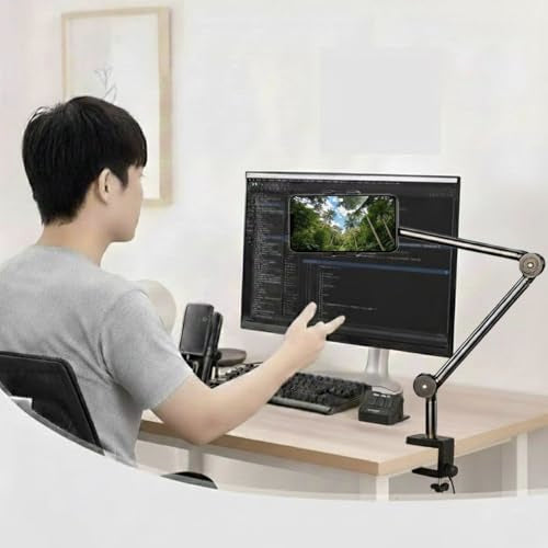 Phone Stand with Heavy-Duty C-Clamp, 3-Section Adjustable Desktop Mount Stand for Phone, 360° Ball Head Flexible Desk Mount