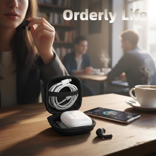 Earbud Case Portable EVA Storage Bag Cell Phone Accessories Organizer with Carabiner for Wired/Wireless Earphone, Earbud, Earpieces, SD Memory Card, Camera Chips, Tech Pouch, Black
