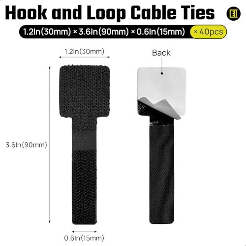 Matenf Cable Management Kit, 40 PCS, Black | Self-Adhesive, Adjustable, Hook & Loop, Cable Organizers, Cord Hider, for Under Desk, Workstations and Computer Desks