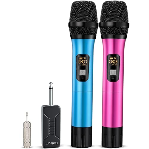 Wireless Microphone, Bietrun UHF Metal Dual Handheld Cordless Dynamic Mic System with Rechargeable Receiver, 1/4‘’Output, for Karaoke, Church, Speech, Wedding, Party Singing(160 ft Range)-Auto Connect - color: Blue Pink