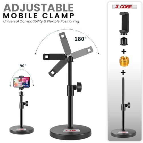 5 Core 3 in 1 Multi Function Desk Microphone Stand Adjustable Table Desktop Mic Stands with Microphone Cell Phone Clip to 3/8" Female to 5/8" Male Metal Adapter Black