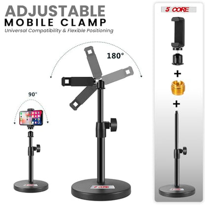 5 Core 3 in 1 Multi Function Desk Microphone Stand Adjustable Table Desktop Mic Stands with Microphone Cell Phone Clip to 3/8" Female to 5/8" Male Metal Adapter Black