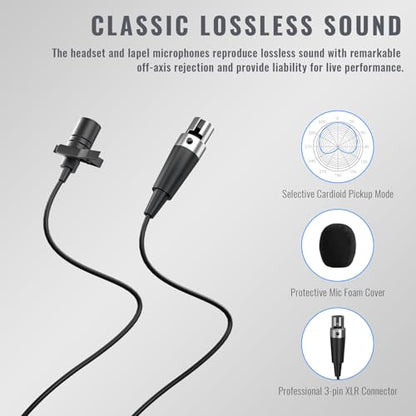 Phenyx Pro UHF Wireless Microphone System w/ 2x30 Tunable Frequencies, Metal Cordless Mic Set, 200 ft Range, 2 Bodypacks & Headsets/Lapel Mics for Speaking, Singing, Church, DJ (PTU-52-2B) | 2 Bodypacks, Auto Pair, 2 x 30 Frequencies, 200 ft Range, Hands-