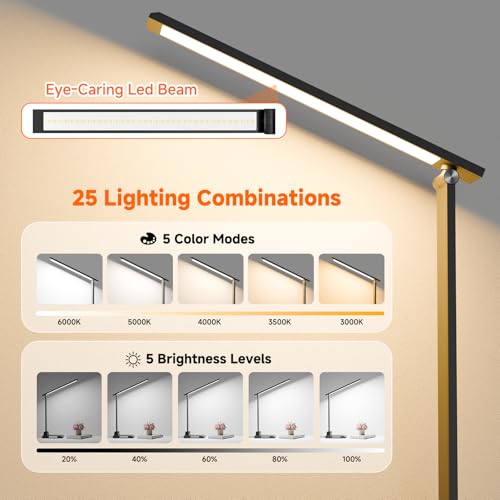 ShineTech LED Desk Lamp with USB-C Charging Port, Dimmable Desk Lamp for Home Office, Eye-Caring Reading Lamp with 25 Lighting Modes, Small Desk Light for Bedroom Nightstand with Adapter - color: Black