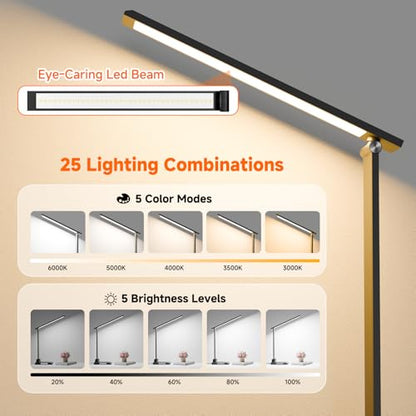 ShineTech LED Desk Lamp with USB-C Charging Port, Dimmable Desk Lamp for Home Office, Eye-Caring Reading Lamp with 25 Lighting Modes, Small Desk Light for Bedroom Nightstand with Adapter - color: Black