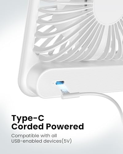 Koonie USB Desk Fan, Strong Wind Ultra Quiet Small Personal Fan with 180° Tilt Folding and 3 Speeds Adjustable, USB-C Corded Powered Mini USB Fan for Office Desktop Bedroom White, NO BATTERY | 180° Tilt Folding & 3 Speeds Adjustable, USB-C Corded Powered