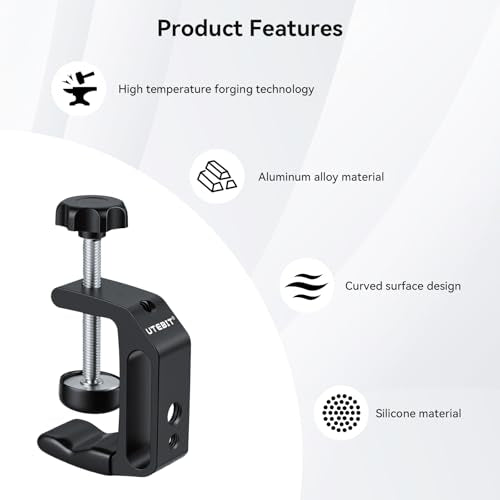 UTEBIT 1Pcs Aluminum Alloy C-Clamp for Desktop Mount Holder, 0.36-1.2 inch | Aluminum Universal Table Clamp with 1/4 and 3/8 Thread Hole, Desktop DSLR Mount for Shelves, Desk, Rods, Camera - size: 0.36-1.57 inch