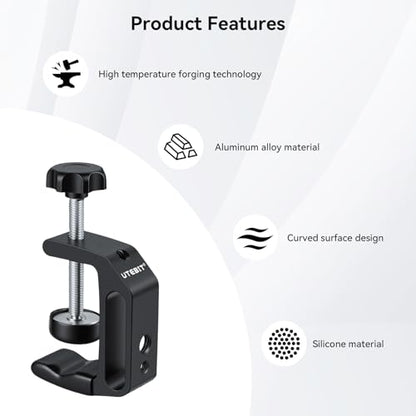 UTEBIT 1Pcs Aluminum Alloy C-Clamp for Desktop Mount Holder, 0.36-1.2 inch | Aluminum Universal Table Clamp with 1/4 and 3/8 Thread Hole, Desktop DSLR Mount for Shelves, Desk, Rods, Camera - size: 0.36-1.57 inch