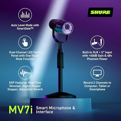 Shure MV7i Smart Microphone – USB-C & XLR Mic for Podcasting, Music & Streaming with Built-in Audio Interface, Auto Level Mode, Advanced DSP, All-Metal Design, Black | USB-C Mic with Built-in Audio Interface, Combo Xlr and ¼ Input, Auto Level Mode, Voice