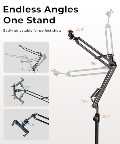 UBeesize Overhead Camera Mount with 360° Adjustable Arm & Phone Holder for TikTok Live Streaming Photography Studio Content Creation, Desk Mount for DSLR Cameras/Webcam/iPhone/Ring Light/Microphone