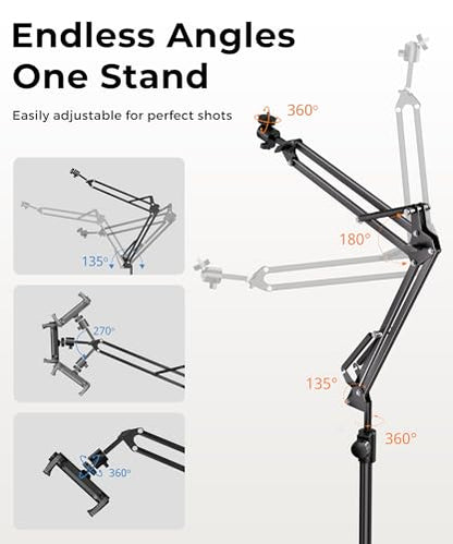 UBeesize Overhead Camera Mount with 360° Adjustable Arm & Phone Holder for TikTok Live Streaming Photography Studio Content Creation, Desk Mount for DSLR Cameras/Webcam/iPhone/Ring Light/Microphone