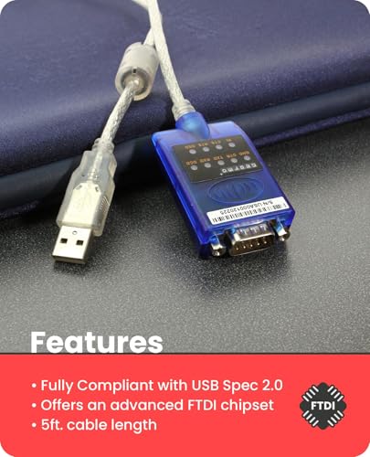 Gearmo USB to Serial RS-232 Adapter with LED Indicators, FTDI Chipset, Supports Windows 11/10/8.1/8/7, Mac OS X 10.6 and Above