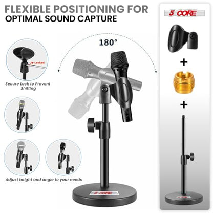 5 Core 3 in 1 Multi Function Desk Microphone Stand Adjustable Table Desktop Mic Stands with Microphone Cell Phone Clip to 3/8" Female to 5/8" Male Metal Adapter Black