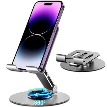 Desktop Phone Holder, Metal Cell Phone Stand for Desk, Fully Adjustable/Foldable/360 Degree Rotating Phone Cradle Dock for iPhone iPad and More Cellphone/Tablet/Switch-Silver Grey