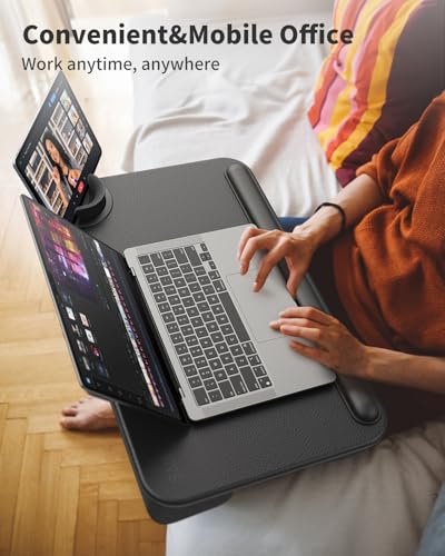 SAIJI Laptop Lap Desk - Fits Up to 17" Laptops, Lightweight Lap Tray Table Stand with Soft Leather Wrist Pad, External Monitor Holder, Lap Desk with Cushion for Home Office Working/Gaming On Couch - color: Deep Black