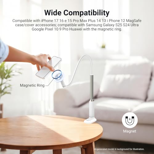 NEEWER Basics Magnetic Phone Stand for Desk, 360° Overhead Table Cellphone Holder Clamp Mount with Flexible Arm, Compatible with MagSafe iPhone Android Samsung for Bed Video Recording, PA151 White - style: PA151 White