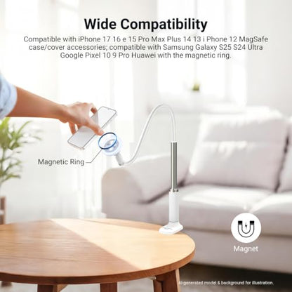 NEEWER Basics Magnetic Phone Stand for Desk, 360° Overhead Table Cellphone Holder Clamp Mount with Flexible Arm, Compatible with MagSafe iPhone Android Samsung for Bed Video Recording, PA151 White - style: PA151 White