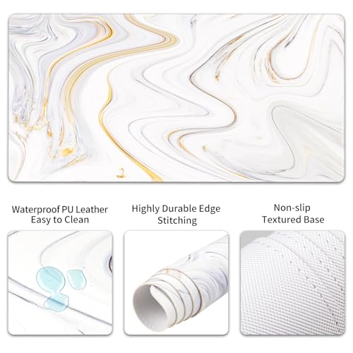 QIYI Leather Desk Mat Set, 4-in-1 Large Mouse Pad with Ergonomic Wrist Rest, Waterproof Desk Pad + Keyboard Wrist Rest + Mouse Wrist Support+Coaster, Non-Slip Office Gaming Accessories, Marble Stripes - color: White Marble Stripes