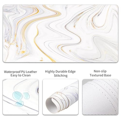 QIYI Leather Desk Mat Set, 4-in-1 Large Mouse Pad with Ergonomic Wrist Rest, Waterproof Desk Pad + Keyboard Wrist Rest + Mouse Wrist Support+Coaster, Non-Slip Office Gaming Accessories, Marble Stripes - color: White Marble Stripes