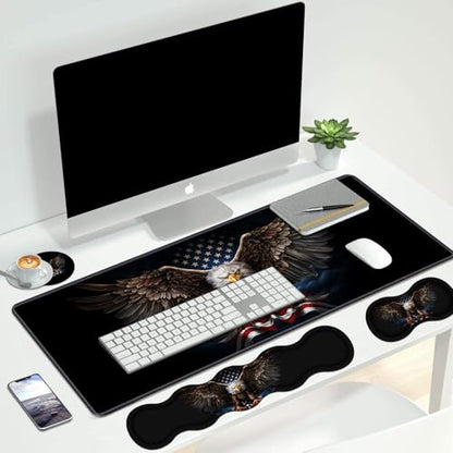 4 in 1 Ergonomic Keyboard Wrist Rest & Mouse Pad Wrist Rest Set, Large XXL Gaming Desk Mat 31.5"x 11.8" with Non-Slip Base, Memory Foam for Home Office Study Gaming, American Flag Bald Eagle - color: American Flag Bald Eagle