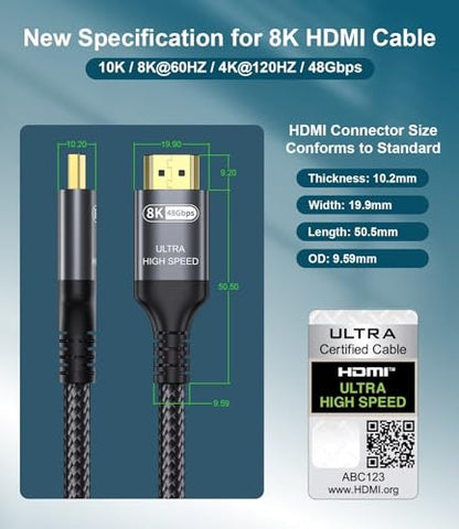 Certified 10K 8K 4K HDMI 2.1 Cable 25FT, 48Gbps Ultra High Speed HDMI® Cord | Ethernet CEC 4K 240Hz 165Hz 144Hz 120Hz 8K 60Hz eARC Netflix HDCP2.3 HDR10+ PC Laptop RTX5090 TV Monitor Projector X-box PS5 - size: 25 ft