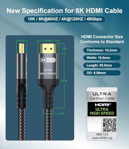 Certified 10K 8K 4K HDMI 2.1 Cable 5FT, 48Gbps Ultra High Speed HDMI® Cord | Ethernet CEC 4K 240Hz 165Hz 144Hz 120Hz 8K 60Hz eARC Netflix HDCP2.3 HDR10+ PC Laptop RTX5090 TV Monitor Projector X-box PS5 - size: 5 ft
