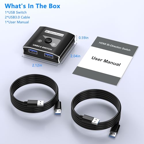 USB 3.0 Switch, Bi-Directional USB Switcher USB Splitter 1 in 2 Out/2 in 1 Out with 2 USB3.0 Cables, Aluminum USB Switcher 2 Computers Share Keyboard Mouse Printer, USB Splitter for Laptop