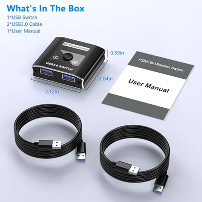 USB 3.0 Switch, Bi-Directional USB Switcher USB Splitter 1 in 2 Out/2 in 1 Out with 2 USB3.0 Cables, Aluminum USB Switcher 2 Computers Share Keyboard Mouse Printer, USB Splitter for Laptop